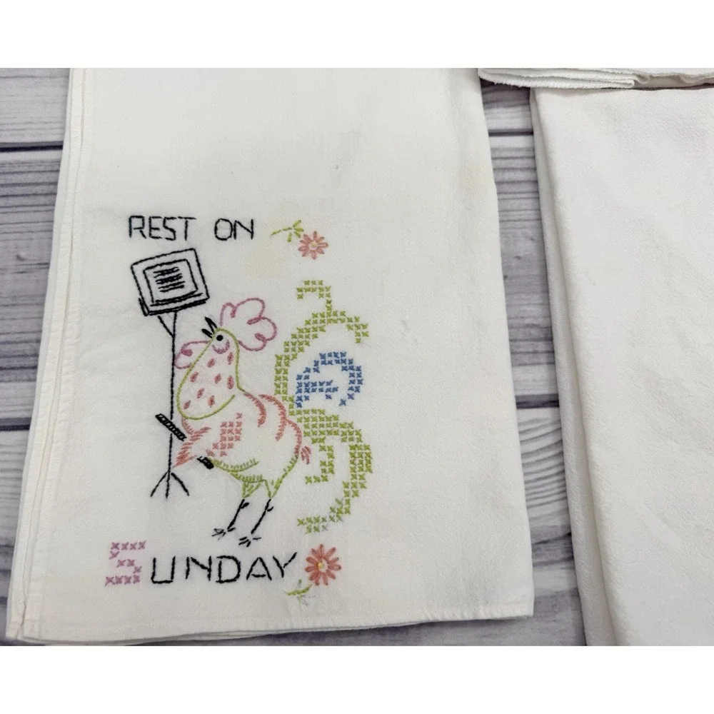 LOT OF 7 VINTAGE EMBROIDERED KITCHEN LINENS TEA TOWELS - WEEKDAYS AND CHERRIES